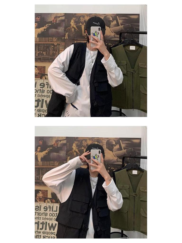 Мужской ретро японский уличный стиль жилет рабочей одежды с несколькими карманами, повседневный свободный крой, без рукавов, стиль национальной волны.