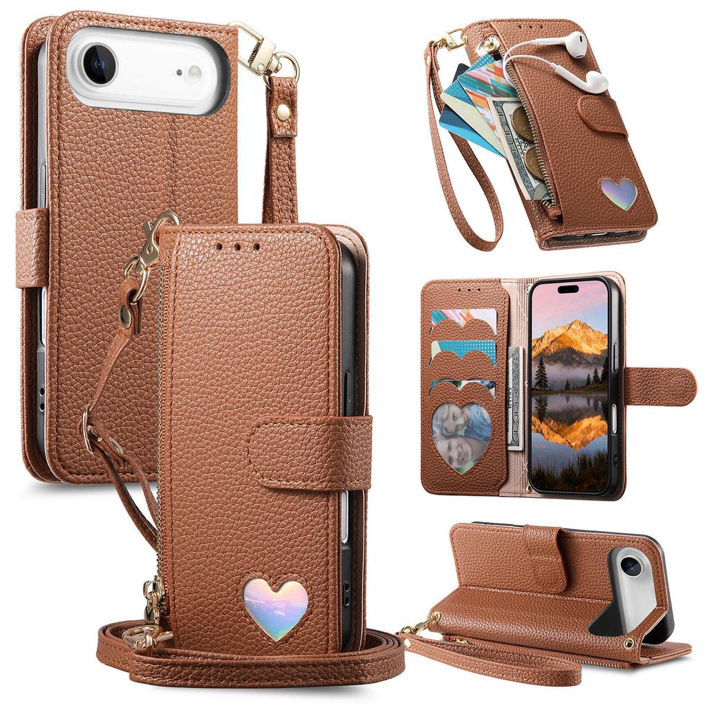 Crossbody Zipper Cards Solt Wallet Leather Phone Case For iPhone 17 Pro Max 16 Plus 15 14 17 Air Long Lanyard Love patten Cover