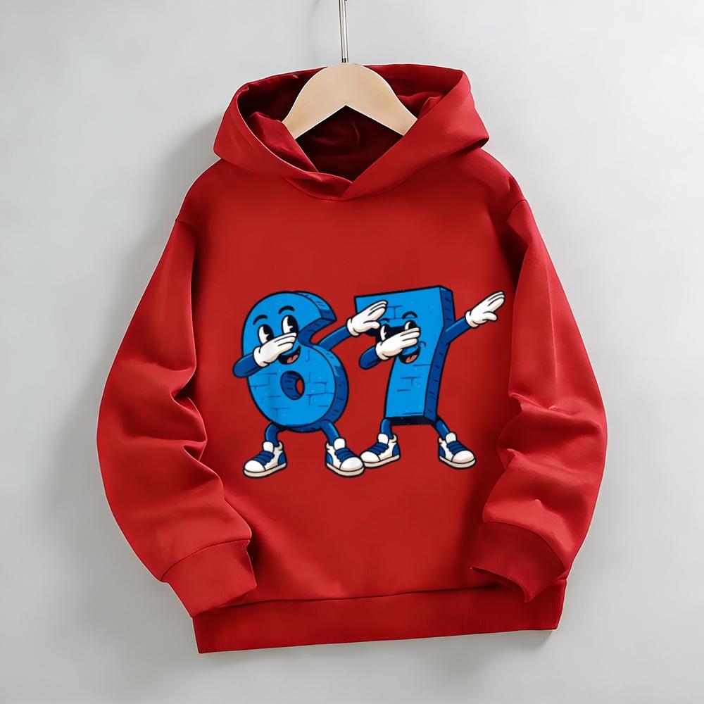 Модный блестящий цвет Мальчик держит цифру 67 Принт Детские худи Личность Граффити Свободный Повседневный Девочка Худи с капюшоном