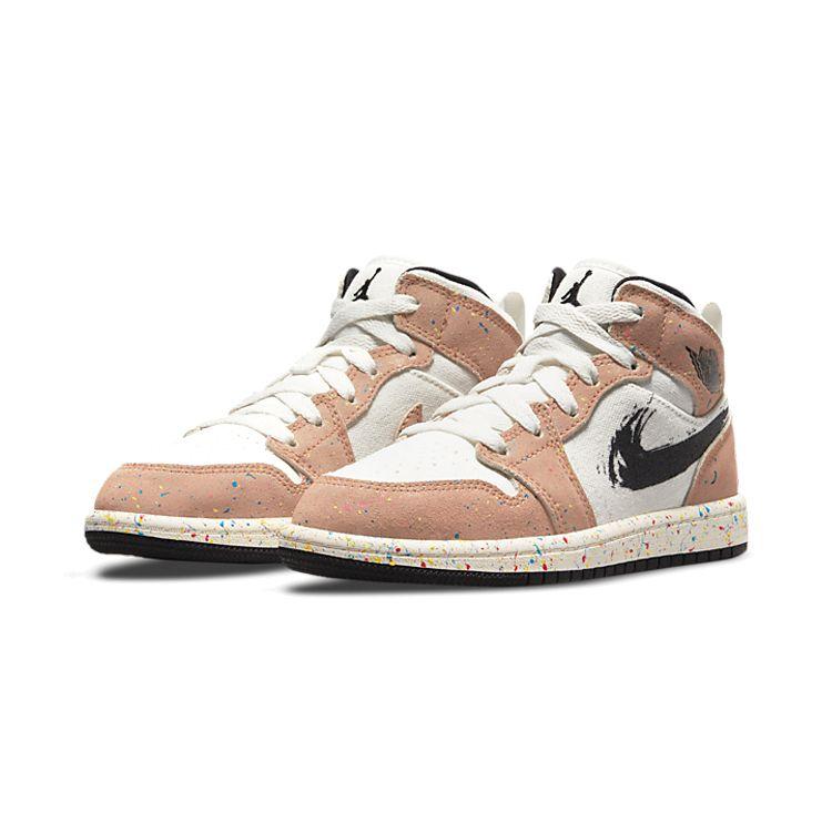 Air Jordan 1 Mid SE PS Brushstroke Paint Splatter Kids Sneakers White Sail Cider DA8007-100