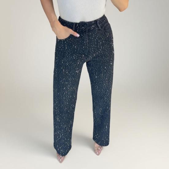 Джинсы с искусственным жемчугом для женщин, с высокой посадкой, прямые, стрейч, из денима, повседневные, широкие, с бисером, мешковатые