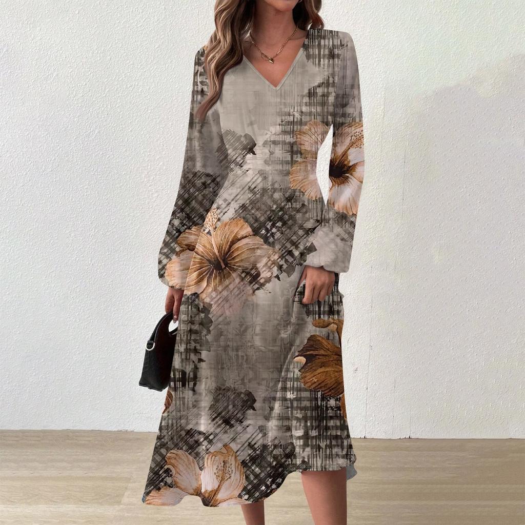 Женское осенне-зимнее повседневное модное длинное платье с v-образным вырезом и длинным рукавом с принтом