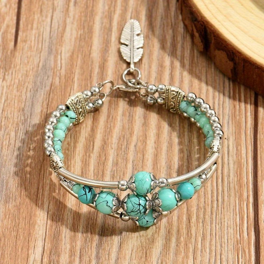 1 шт. Ретро-браслет с ажурным узором, этнический бирюзовый браслет с листьями - классический дизайн для повседневной и праздничной одежды, элегантный