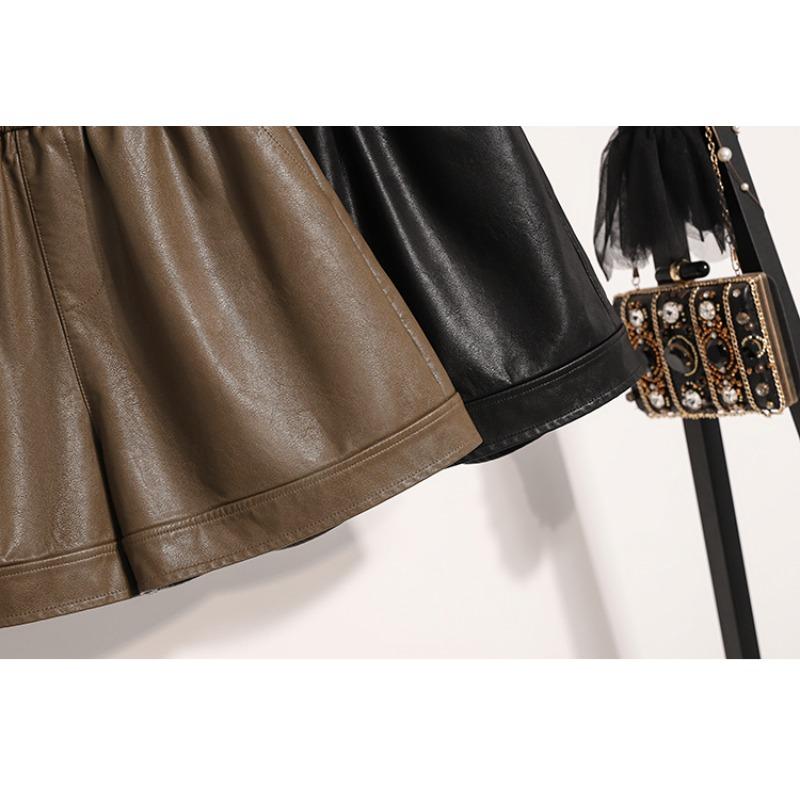 DIMANAF 2024 Plus Size Autumn Winter Shorts Women Solid New PU Leather Casual Loose Wide Leg Pants Short Pants