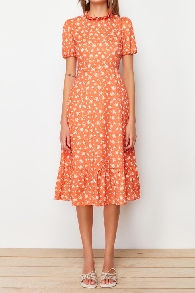 Women's Fashion New Dress Green Floral Patterned A-Line Flounce Lined Midi Woven Dress