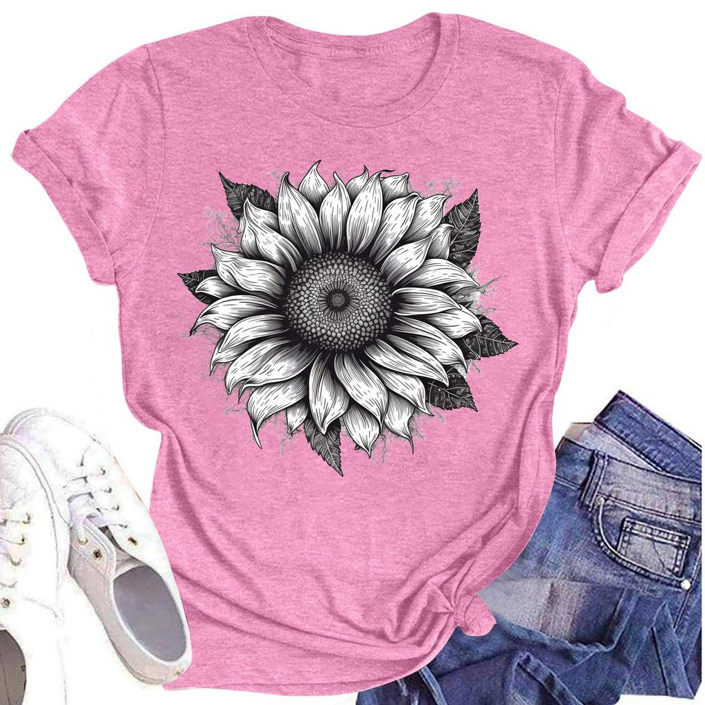 Женская повседневная футболка с круглым вырезом и цветочным принтом, короткий рукав