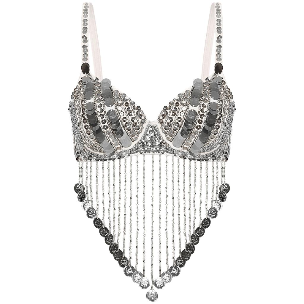 Женский блестящий бюстгальтер на косточках с блестками, бусинами, кисточками и топами для танца живота Rave