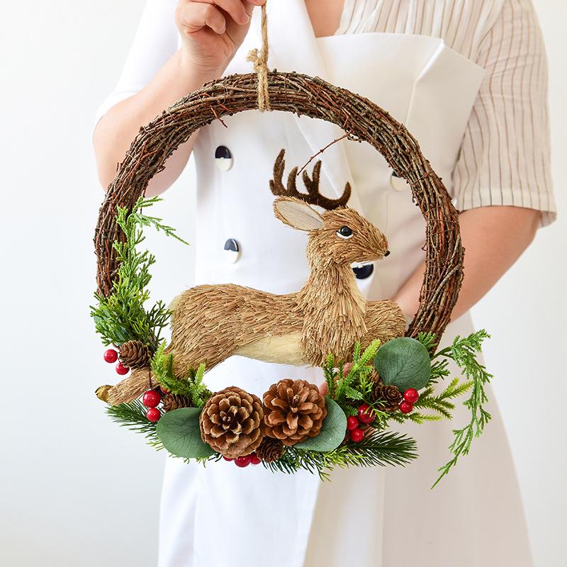 NUCHI Christmas Elk Rattan Wreath for Door or Shop Decoration