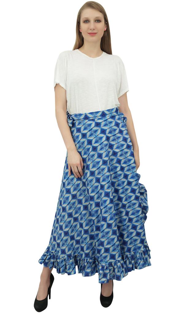 Phagun Shibori Printed Women's Blue Skirt Self Belt Cotton Ruffled Wrap