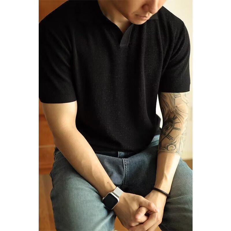 Men's Summer Ice Silk Knitted Slim Fit Polo Shirt - Short Sleeve, Pure Color, Casual Lapel T-shirt