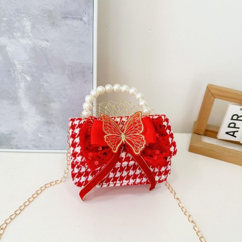 Red Delightful Cute Bowknot Childrens Handbag With Trendy Chain And Pearl Handle