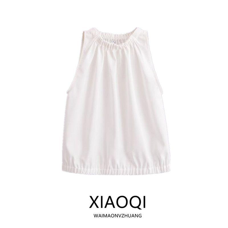 Fashion Style 2024 Summer Romantic Garden Style Minimal White Pleated Round Neck Sleeveless Shirt 05143946251