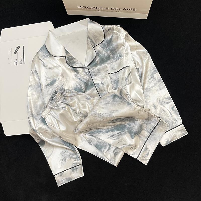 Пижама женская атласная пижама с длинными рукавами пижамный костюм с цветочным принтом высококачественный ледяной шелк можно носить на улице