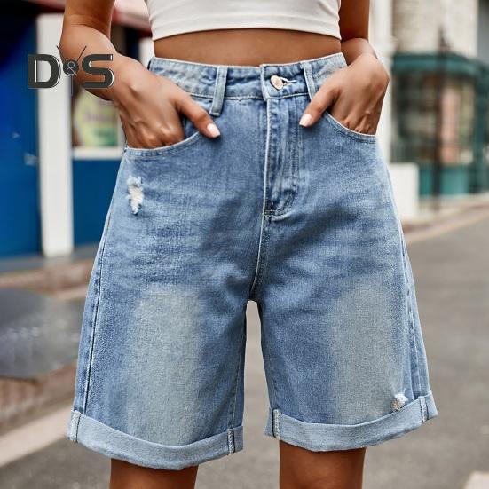 Летние женские джинсовые шорты со средней талией, длиной до колена, эластичные, повседневные, широкие, прямые, потертые, с манжетами, короткие джинсы с карманами