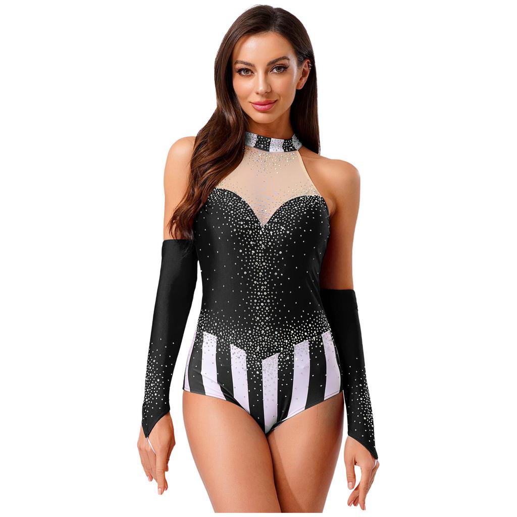 Womens Circus Ringmaster Bodysuit Glittery Rhinestone Color Block Sleeveless Leotard Fingerless Gloves Gymnastic Dancewear