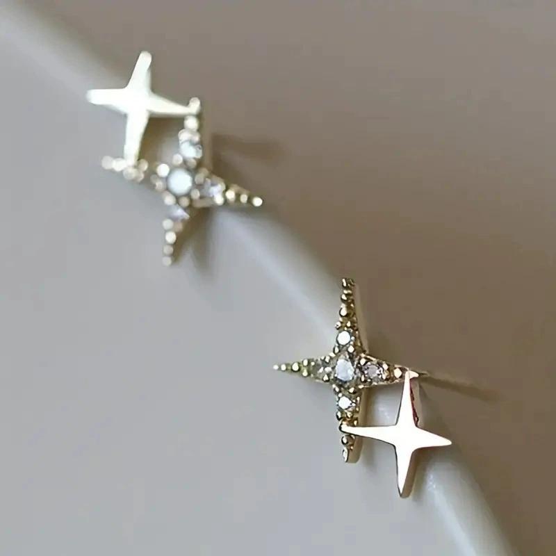 Women's Trendy Sparkling Zircon Four-Pointed Star Stud Earrings European Fashion Gold & Silver Color Jewelry Gift