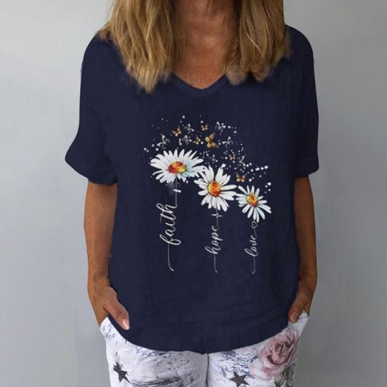 Casual Women T-shirt V Neck Marguerite Butterfly Printed Short Sleeve