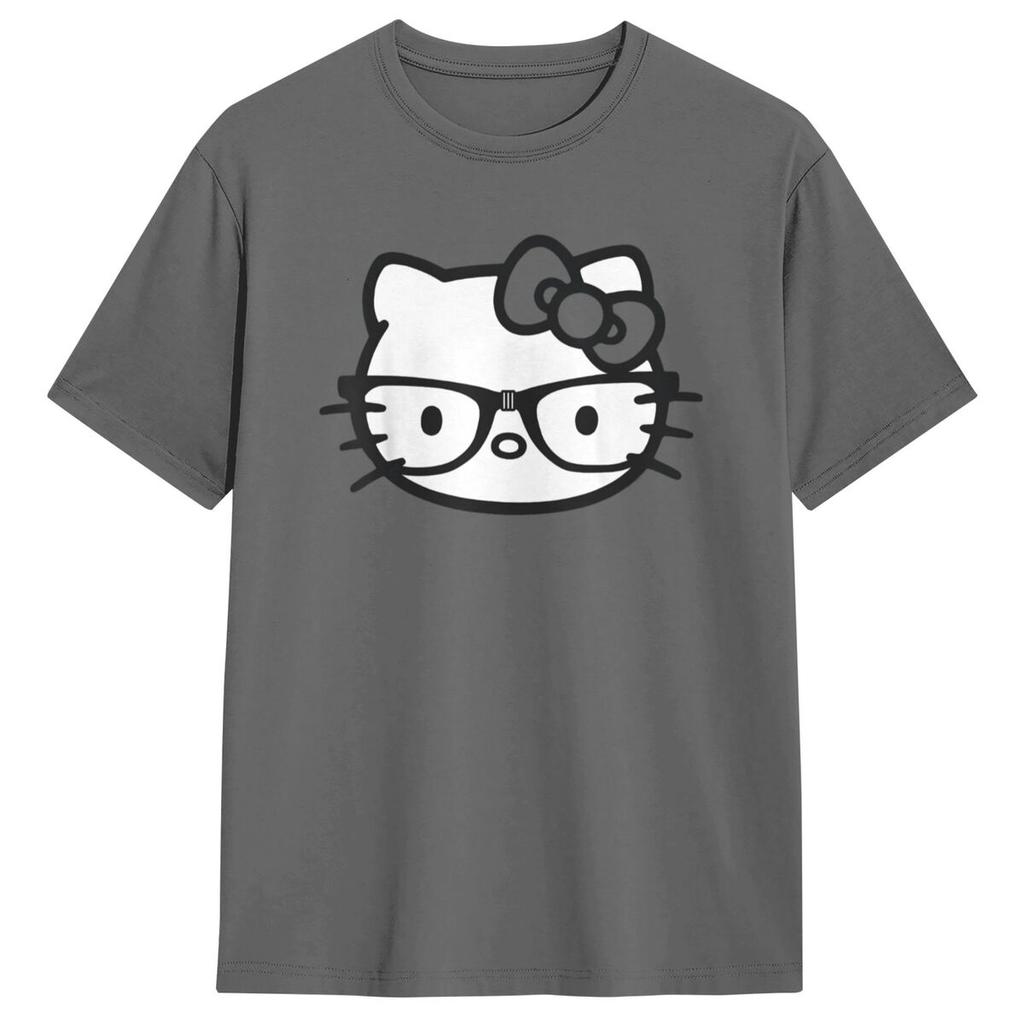 Hello Kitty Черно-белые Очки-Нерды Футболки С коротким рукавом Эстетичные Летние 100% Хлопок Круглый вырез Одежда Больших размеров