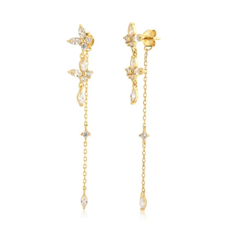 2 шт., висячие серьги на цепочке с кисточками из нержавеющей стали и цирконом для женщин, модные серьги золотого цвета с подвесками-бабочками, ювелирные изделия для пирсинга