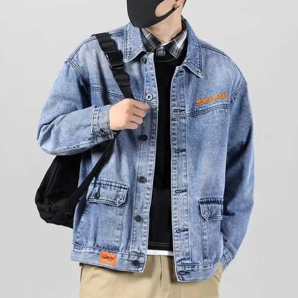 M-4XL Мужская джинсовая куртка с отложным воротником, однобортный свободный кардиган с длинными рукавами, теплое весенне-осеннее джинсовое пальто большого размера
