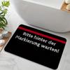 German Sign Doormat – “Bitte hinter der Markierung warten!” Black with Red Stripe, Flannel Non-Slip, Machine Washable, Entryway