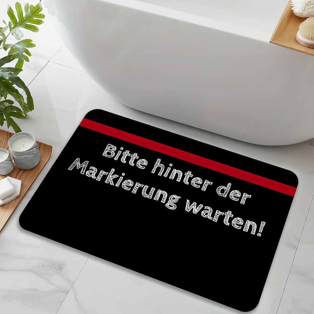 German Sign Doormat – “Bitte hinter der Markierung warten!” Black with Red Stripe, Flannel Non-Slip, Machine Washable, Entryway
