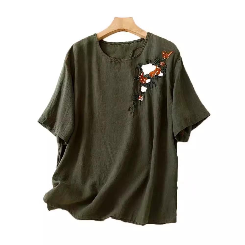 Женская ретро футболка в корейском стиле большого размера с вышивкой из хлопка и льна