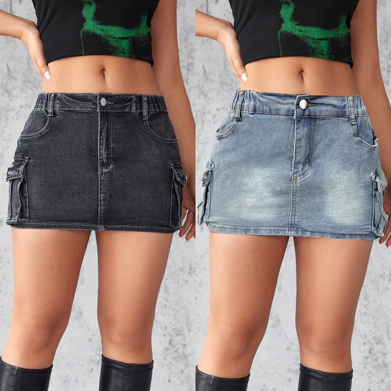 Джинсовая юбка женская летняя винтажная эластичная облегающая рабочая одежда с карманами на бедрах