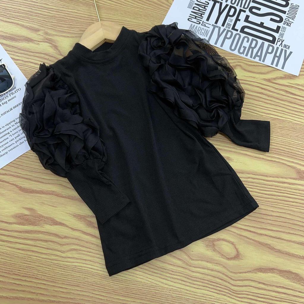 Новый топ с пышными рукавами и длинным рукавом для девочек - Стильная корейская хлопковая футболка для детей