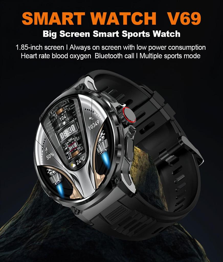 V69 Smartwatch: 1.85'' Display, Bluetooth Calls, Heart Rate & Blood Oxygen Monitoring, Multi-Sport Modes, Waterproof