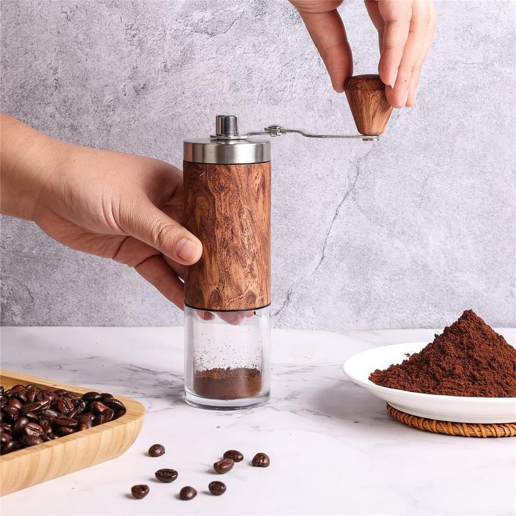 Manual Coffee Grinder with Ceramic Burrs, 304 Stainless Steel, Wooden Handle, 5-Level Adjustment, and Extension Crank for Home, Office, and Travel