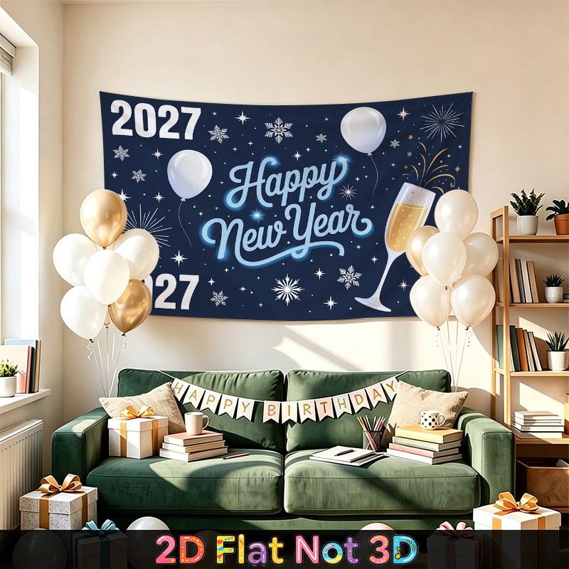 Party Backdrop New Year Stars Blue White Flat Balloons Champagne Snowflakes Winter Event Backdrop Decoration Front Door Decor