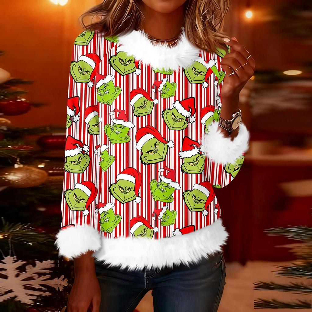 Женская модная рождественская футболка с принтом, круглым вырезом и длинными рукавами, повседневный пуловер