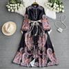 Spring Autumn Women Vintage Palace Print Full Sleeve Big Swing Long Maxi Holiday Beach Dresses
