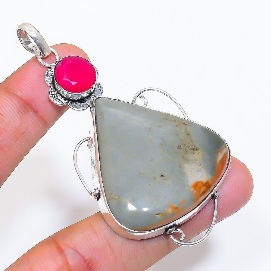 Natural Picture Jasper, Jade 925 Sterling Silver Jewelry Pendant 2.76" ZS-308