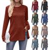 Women's Solid Round Neck Brushed Split Fashion Button T-shirt Top