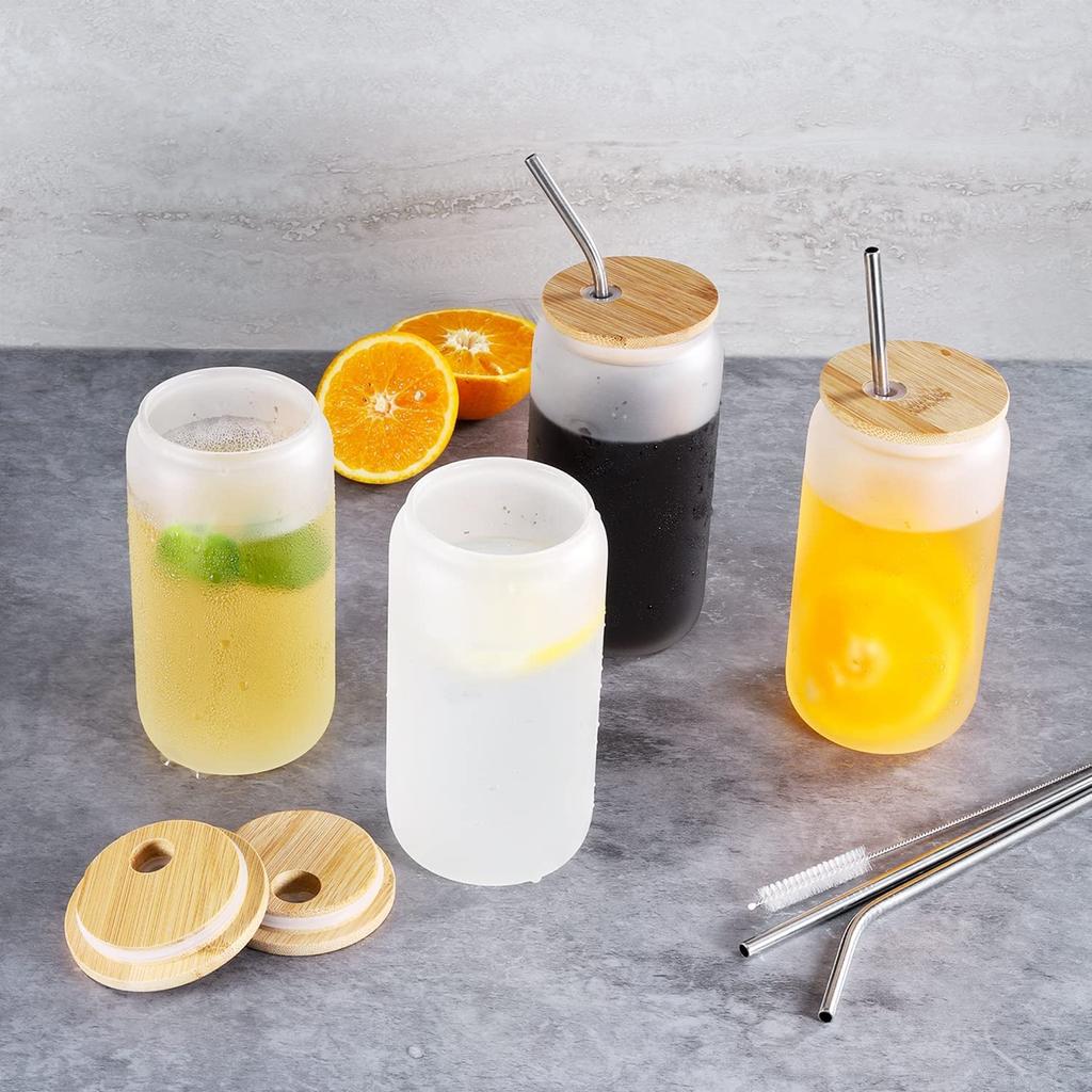 6pcs 400/500ml Glass Cup with Bamboo Lid and Straw Bubble Tea Cup Glasses Cups Beer Can Coffee Cup Cold Wine Cola Drinkware
