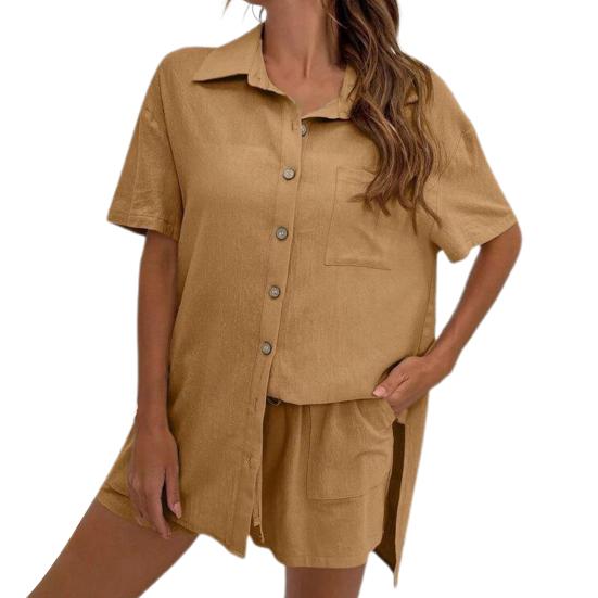 2 шт./компл. женская рубашка и шорты, комплект однотонной блузки с короткими рукавами и нагрудным карманом с лацканами
