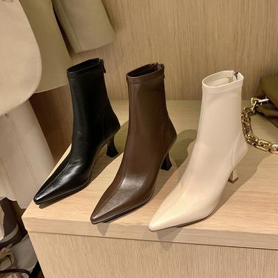 Корейская версия тонких ботфортов 2025 осень-зима новая модель острый носок задняя молния эластичные ботинки женские кожаные ботинки высокий каблук короткие ботинки
