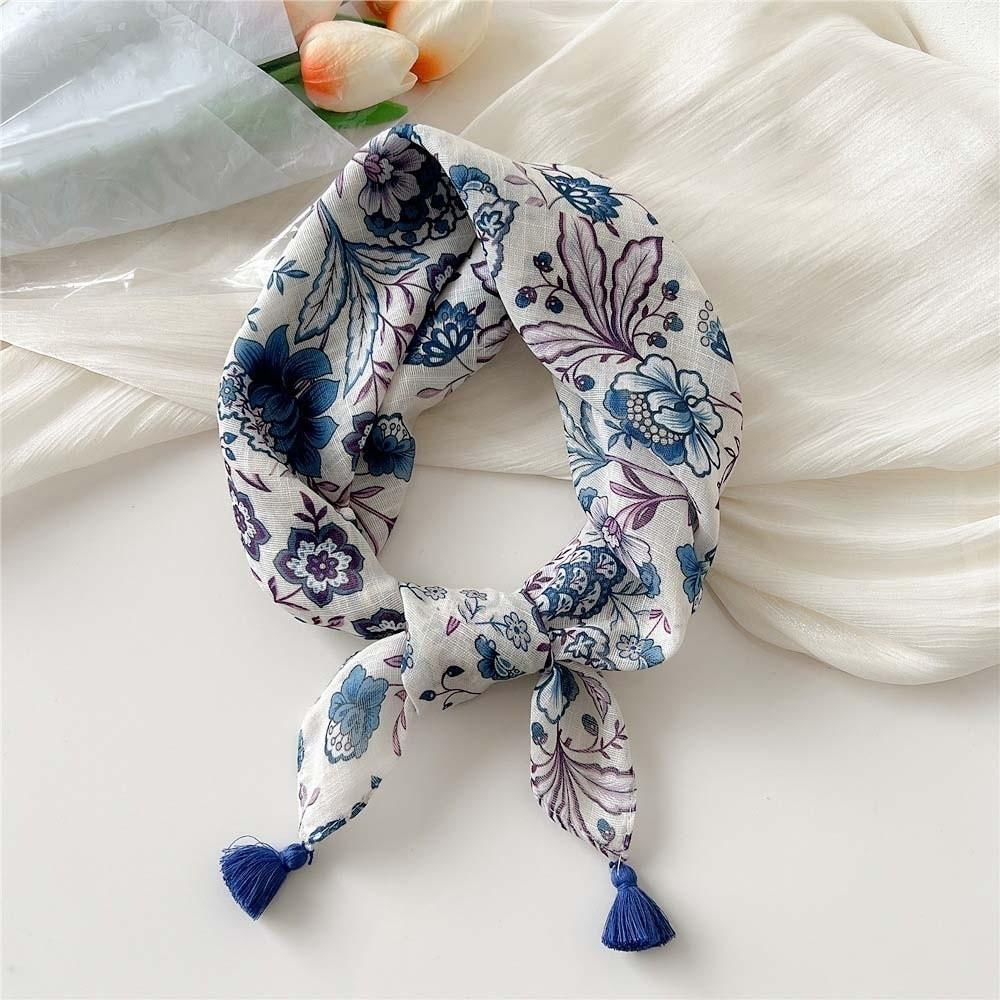 60x60cm Square Scarf Fringed Floral Kerchief Head Wrap Neck Neckerchief Sun-Protection