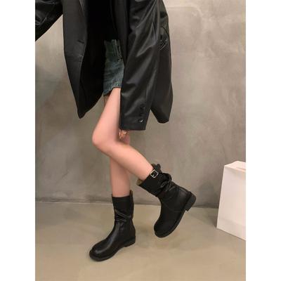 Толстые каблуки ретро средние сапоги рыцарские сапоги женские туфли 2024 новые осенне-зимние наборные маленькие короткие сапоги ботинки Martin