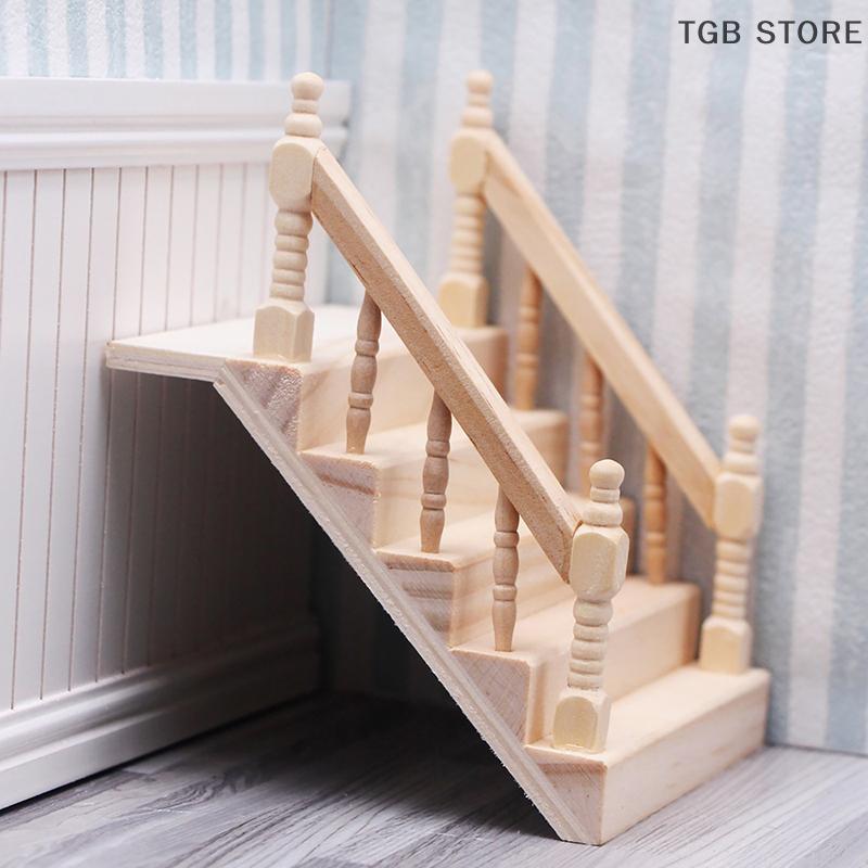 1:12 Dollhouse Miniature Wooden Handrail Staircase Scene Plain Stairway Models Mini Stair Furniture Room Decor
