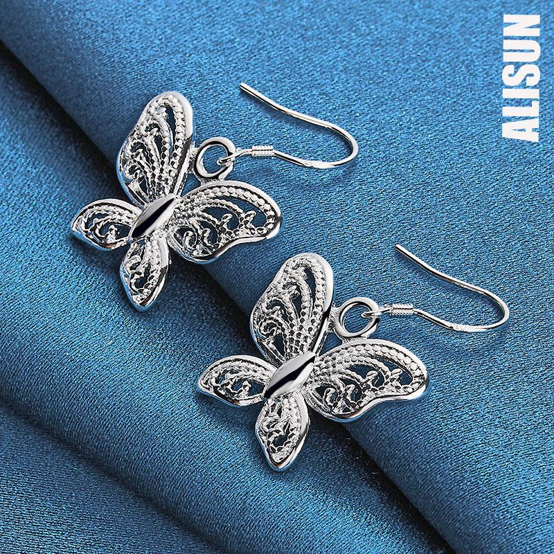 925 Sterling Silver Hollow Butterfly Piercing Earrings Fashionable Wedding Jewelry