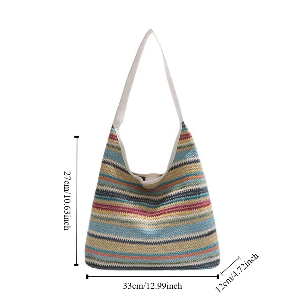 Bohemian Style Rainbow Beach Bag Large Capacity Hollow Tote Bag Fashion Weave Straw Bag Travel