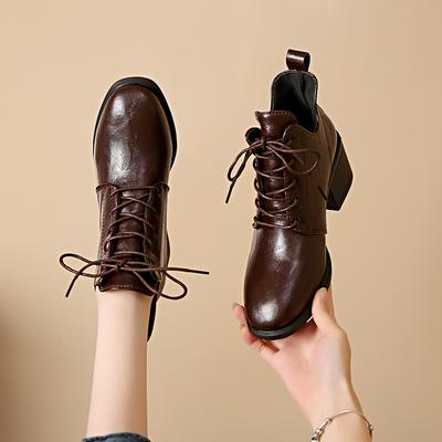 Ботильоны большого размера с острым носком на шнуровке, ретро ботинки Мартина на массивном среднем каблуке для женщин