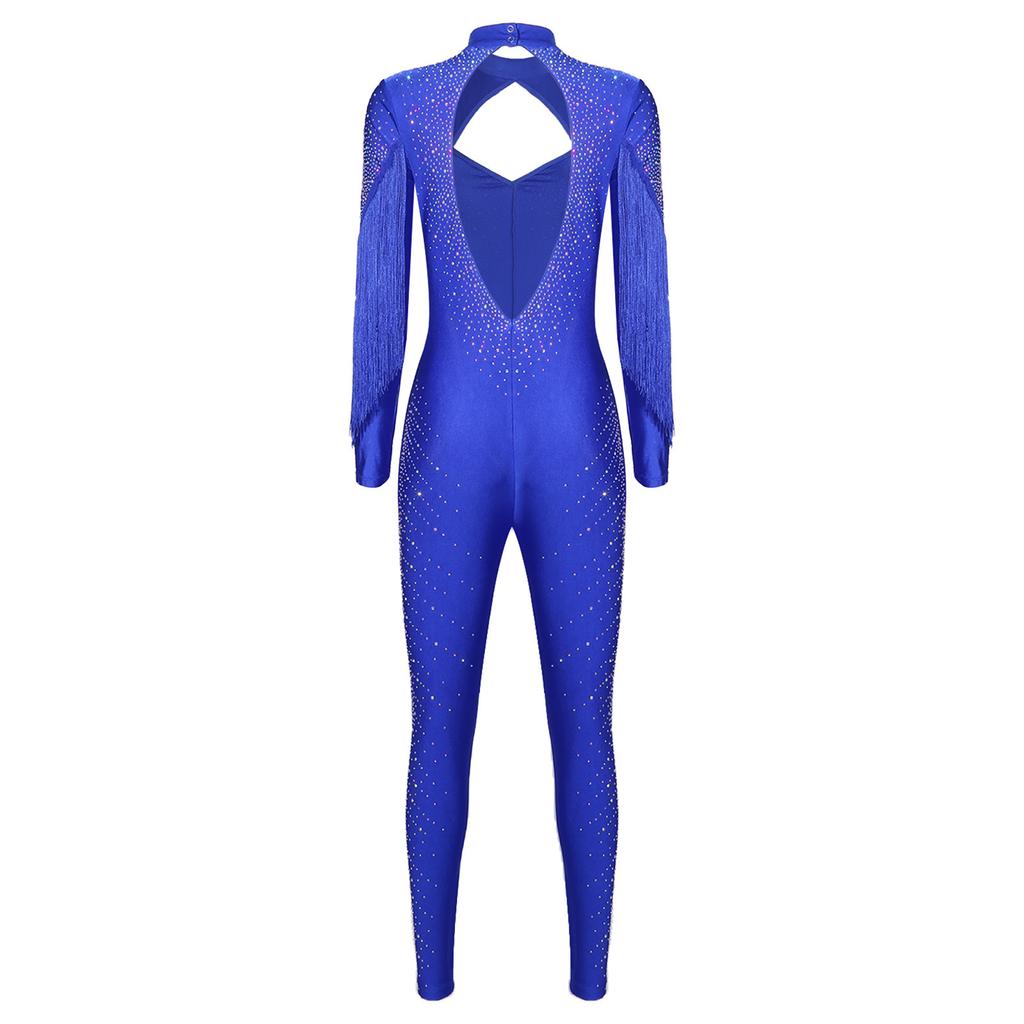 Womens Figure Skating Jumpsuit Glittery Rhinestone Long Sleeve Tassel Front Design Hollow Out Back One Piece Romper