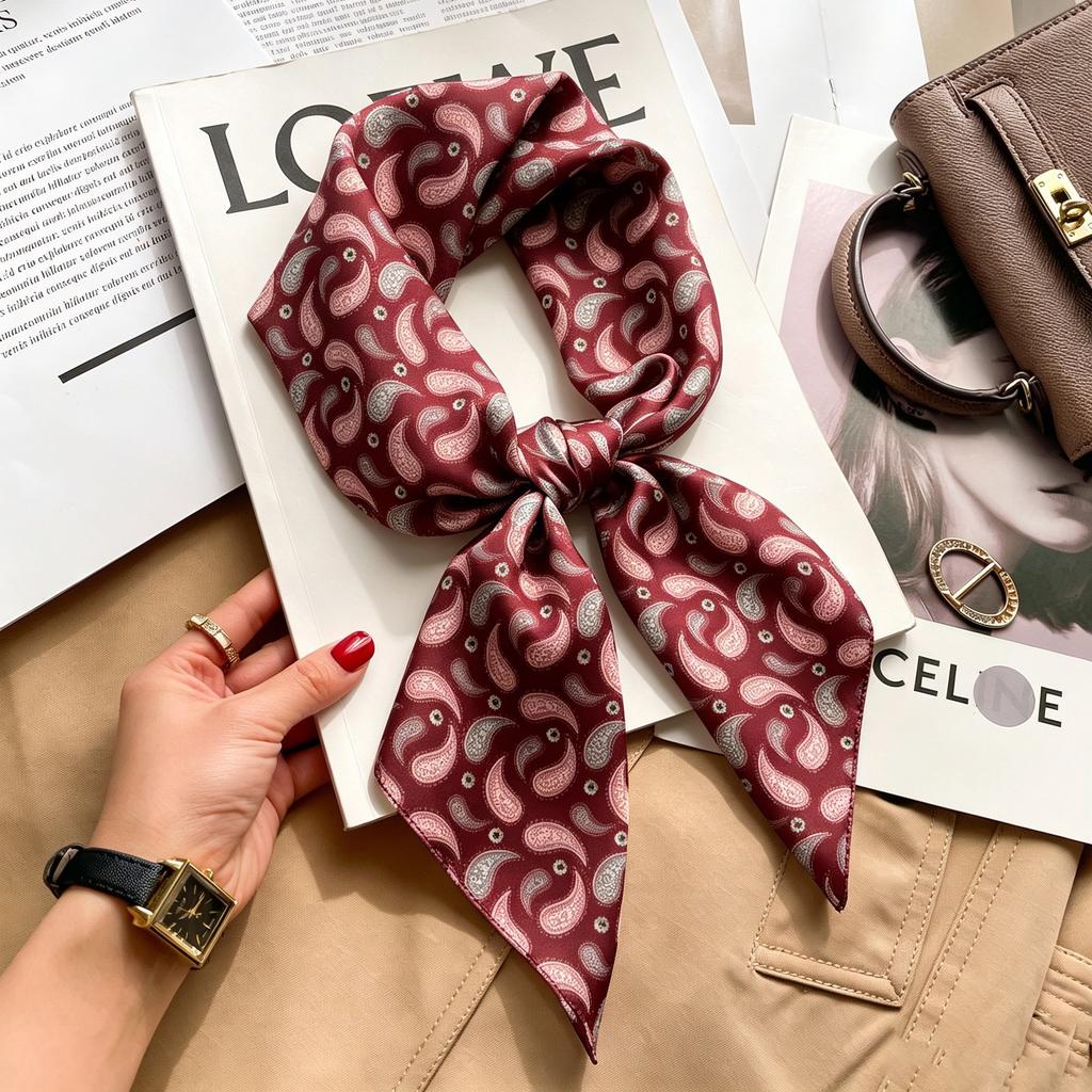Autumn and winter Maillard cashew square scarf silk scarf women's shirt versatile neck small scarf tied hair decorative scarf