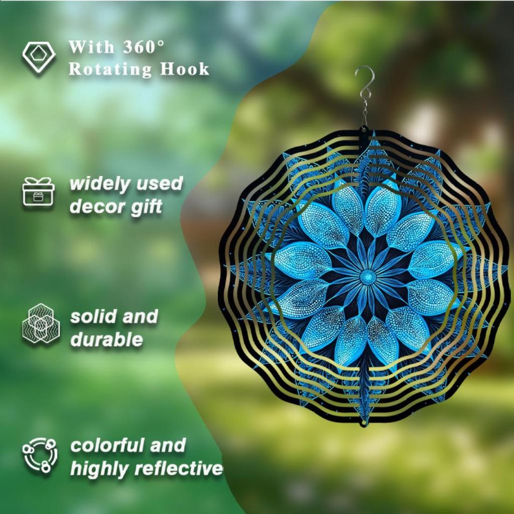25,4 см Металлический Колокольчик Ветра Мандала Цветок - Прочный Подвесной Спиннер с Сине-Золотым Дизайном для Декора Сада и Патио в Помещении/На Открытом Воздухе