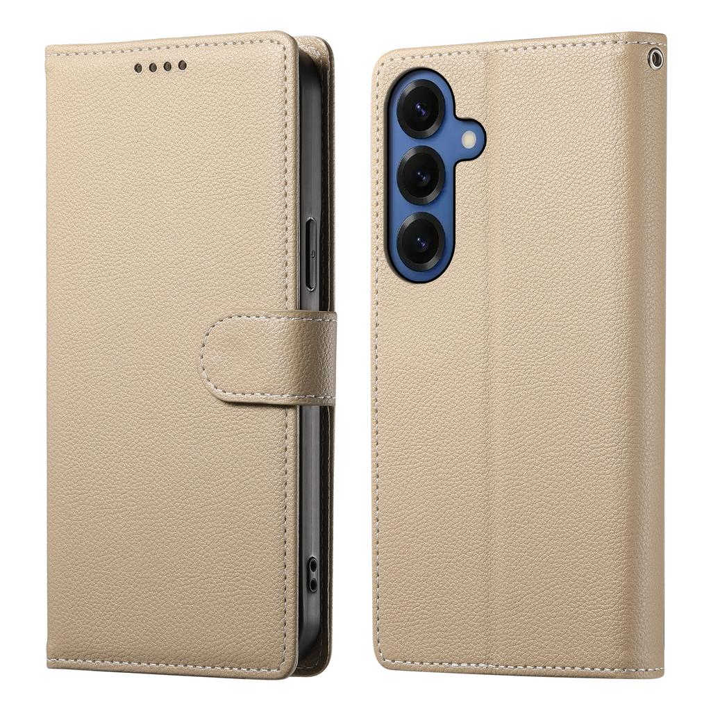 For Samsung Galaxy S26+ Case Magnetic Snap Litchi Texture Leather Wallet Phone Cover with Wrist Strap