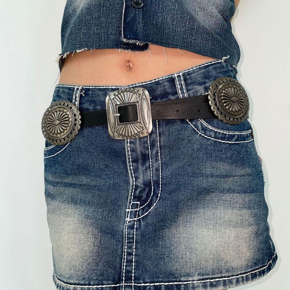 Wide Bohemian Style Belts Western Style Cowboy Ethnic Style Waistband Metal Carved Belts Women